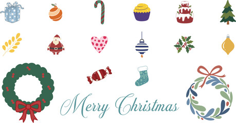 Naklejka premium Merry Christmas elements collection with Santa Claus gift tree candy cane wreath holly and festive icons isolated on white background