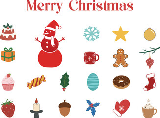 Merry Christmas Icons Set with Snowman Cake Gift Hot Chocolate Gingerbread Holly Star Ornament Mitten and Treats White Background