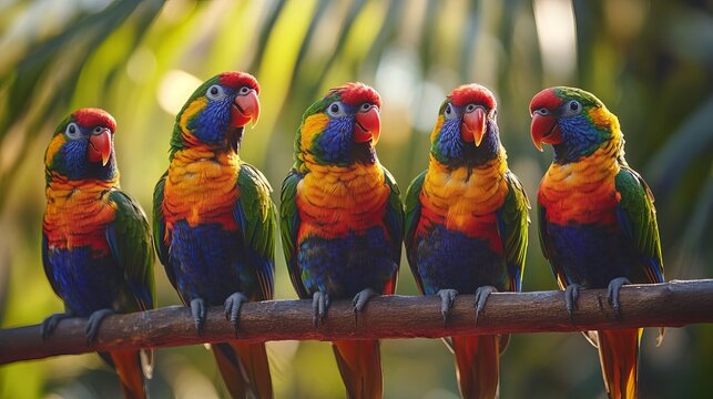 Colorful lorikeets perched together in lively tropical gathering