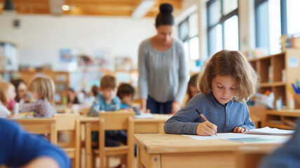 In a busy classroom, a child diligently takes a level test while a teacher observes quietly Generative AI