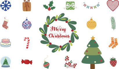 Merry Christmas wreath banner garland snowflake gift box holly berry stocking ornament candy cane snow globe tree socks isolated graphic elements for