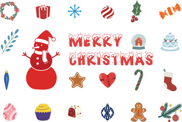 Merry Christmas text with snowman wreath gifts ornaments candy cane gingerbread cookie and winter holiday flat icons set isolated on white background