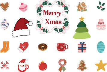 Merry Xmas Holiday Icons Collection Gingerbread Cookies Santa Hat Ornaments Tree Gift Hot Chocolate Mug Snowflake Scarf Winter Season Elements