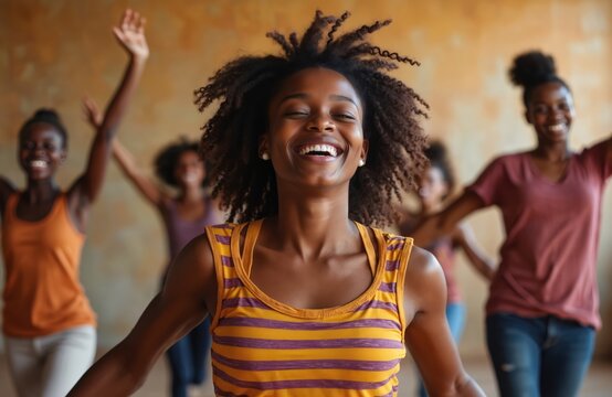 Young african american women dancing with joy in choreography class. Energetic group practice moves in studio. Happy friends learn new steps together. They move to music.