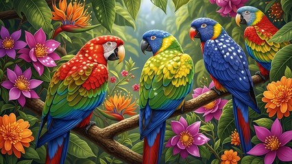 Obraz premium Vibrant parrots perched on branch amidst colorful tropical flowers