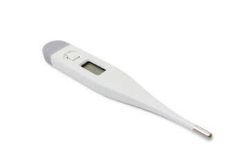 A white digital clinical thermometer used for measuring body temperature, with a grey tip and small LCD screen, isolated diagonally on a pure white background.