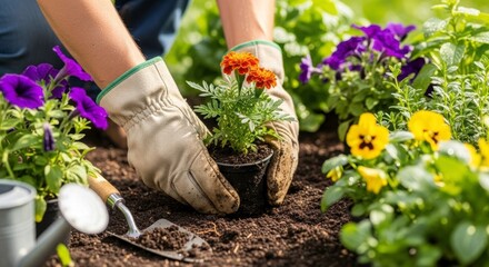 Nurturing Blooms: A close-up view of a gardener tenderly planting a vibrant flower, their gloved hands carefully guiding the delicate roots into the earth amidst a colorful array of blooms.