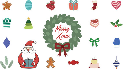 Christmas Holiday Elements Collection with Merry Xmas Wreath Santa Gift Tree Cookie Mitten and Festive Decorations Illustration on White Background