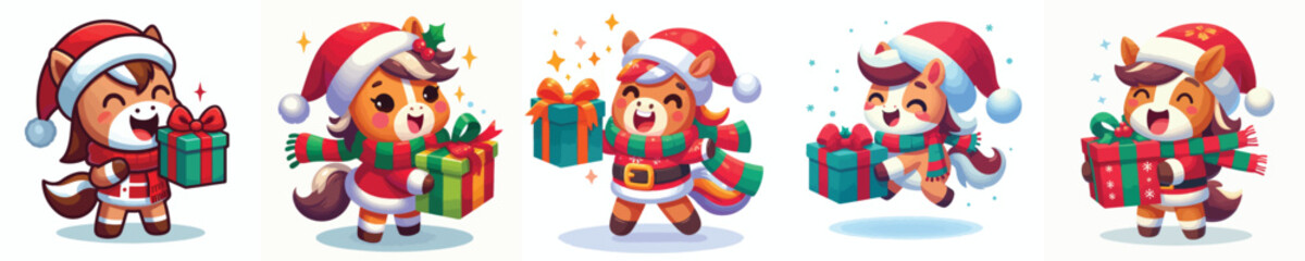 cute horse character vector wearing Christmas costume