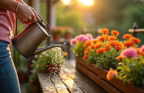 Woman waters blooming flowers in wooden planter box. She uses metal watering can in sunny day. Gardening hobby with vibrant orange and pink plants on balcony.