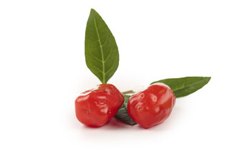 Fresh Red Wolfberries with Green Leaves on White Background - Ningxia Goji Berries