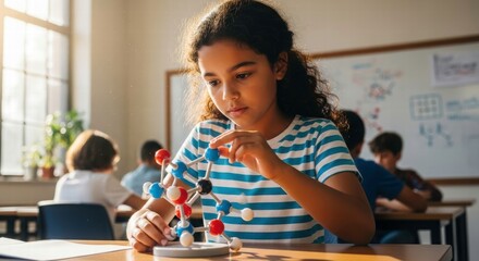 Young Scientist in Action: A focused young student, engrossed in a science lesson, meticulously constructs a molecular model within the classroom setting.