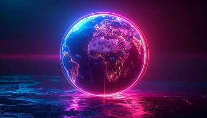 Glowing Earth depiction with neon border, on a blue reflective surface, and pink lens flare in the background