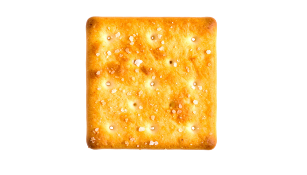Isolated, square, golden-brown cracker with salt flakes on a black background
