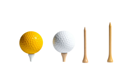 A yellow & white golf ball on tees with two bare tees set against a black backdrop