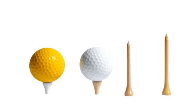 A yellow & white golf ball on tees with two bare tees set against a black backdrop
