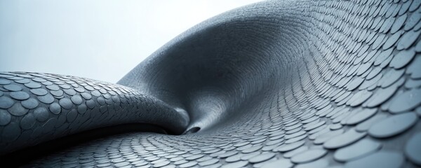 Abstract architectural texture features overlapping scales like fish skin. Smooth curves create a flowing, organic shape under a pale sky. Modern building facade with repeating circular patterns.