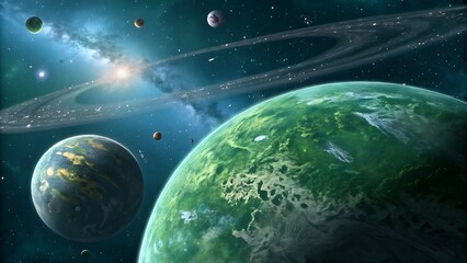 An alien world with verdant green and blue continents orbits a distant star, surrounded by a complex system of celestial rings and nebulae in deep space.