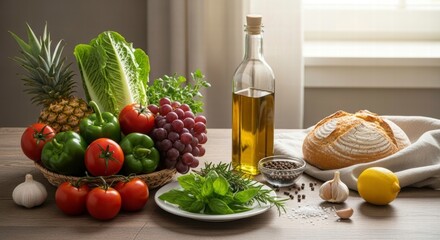 Culinary Garden on Table: A vibrant array of fresh produce artfully arranged on a wooden table. From juicy tomatoes and bell peppers to crisp lettuce, grapes, bread, olive oil, spices, and a lemon.