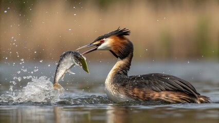 Great crested grebe (podiceps cristatus) successfully hunts and catches a fish, creating a dynamic splash in the clear water during daylight. this wild bird in its natural habitat.