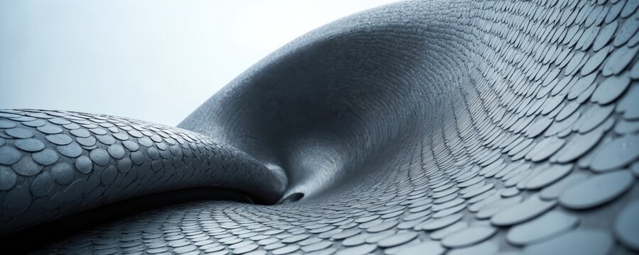 Abstract architectural texture features overlapping scales like fish skin. Smooth curves create a flowing, organic shape under a pale sky. Modern building facade with repeating circular patterns.