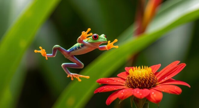Red-Eyed Tree Frog's Embrace: A vibrant red-eyed tree frog, a marvel of nature's artistry, perches delicately on a vibrant flower. A fusion of life's wonders
