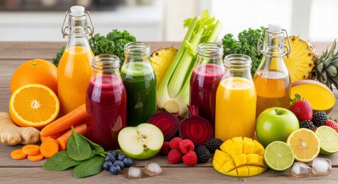 Vibrant Juices and Fresh Ingredients: A colorful arrangement of fresh, cold-pressed juices and assorted ingredients on a rustic wooden table, embodying health and vitality. - Powered by Adobe