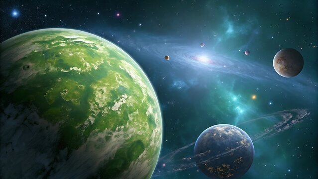 Distant exoplanets in a vibrant galaxy, showcasing a lush green world, a ringed planet with illuminated cities, and celestial nebulae in a vast cosmic vista.
