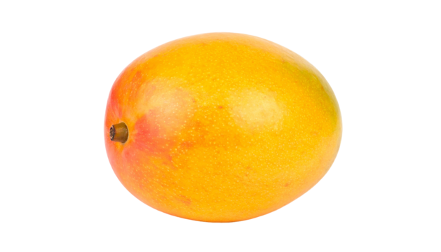 Isolated, ripe, oval-shaped fruit with a smooth, multicolored peel and small stem