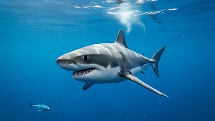 Obraz premium Majestic great white shark gliding effortlessly through clear ocean waters, powerful predator embodying the beauty and danger of marine wildlife in deep sea