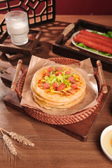 Handmade Scallion Pancakes Presented in Rustic Basket - Traditional Panfried Asian Food