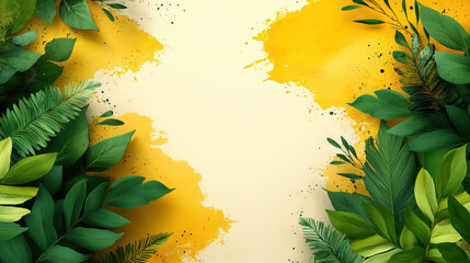 Lively Arrangement of Tropical Leaves with Vibrant Yellow Background