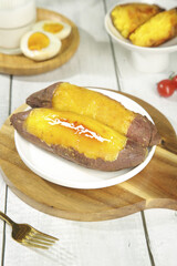 Sweet Roasted Potatoes with Honey and Boiled Eggs Healthy Breakfast