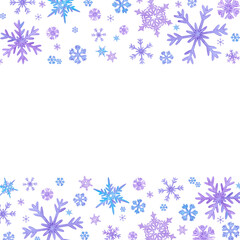 Hand drawn watercolor lilac and blue snowflakes frame border. Winter Illustration isolated on white background. Can be used for postcard, invitation and other printed products