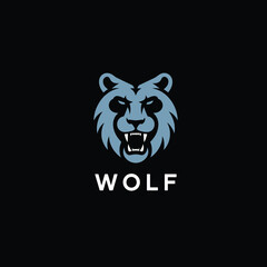 WOLF wild animal head logo, fierce blue and black vector symbol for gaming, security, sports, or outdoor adventure brand.