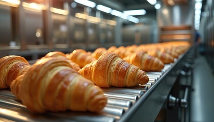 Croissants lie on industrial conveyor belt in bakery. Many fresh baked croissants are ready for sale. Food factory produces sweet pastry. Automated baking line makes delicious french bakery items.