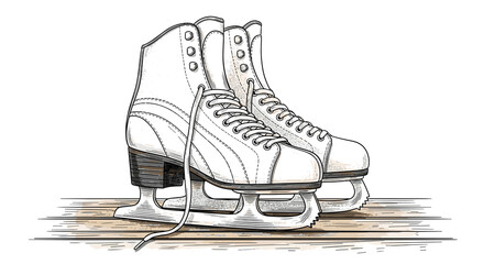 Vintage ice skates on wooden surface with laces untied  