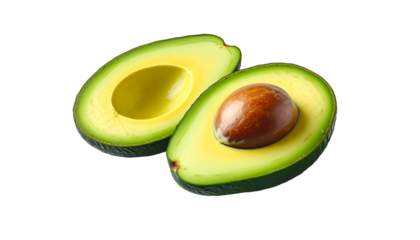 A ripe, halved avocado with a dark brown seed, isolated against a dark background