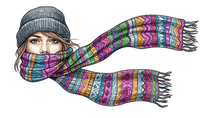 Young woman wearing a colorful scarf and hat in winter style  