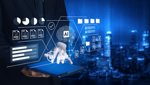 A businessman interacts with a futuristic digital interface on a tablet, showcasing data analysis and security features in a modern urban environment at night. Gantry - Powered by Adobe