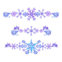 Hand drawn watercolor lilac and blue snowflakes compositions for frame border. Winter Illustration isolated on white background. Can be used for postcard, invitation and other printed products