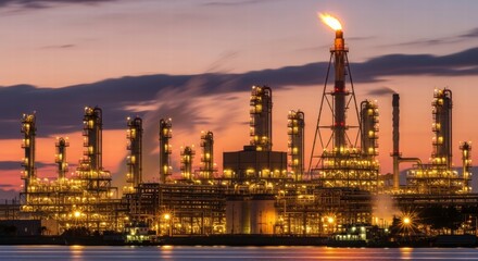 Fototapeta premium Illuminated Industrial Dawn: A captivating dusk scene of a meticulously lit industrial complex, set against the twilight sky with glowing lights and industrial silhouette.