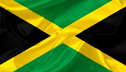 Jamaican flag with gold diagonal cross dividing green top/bottom and black left/right triangles.
