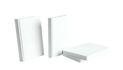 Three white blank books, one standing, one leaning, two stacked on a dark background