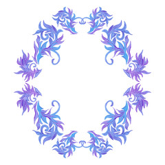 Hand drawn watercolor blue and lilac frost pattern frame border. Winter Illustration isolated on white background. Can be used for postcard, invitation and other printed products