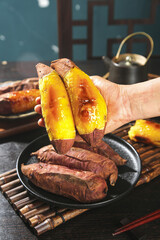 Roasted Sweet Potatoes with Honey Glaze - Traditional Asian Comfort Food in Rustic Kitchen