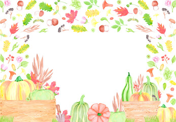 Hand drawn watercolor pumpkins berries and leaves in wooden box frame border. Illustration isolated on white background. Can be used for postcard, label and other printed products