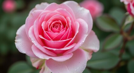 Delicate Pink Rose: A close-up view unveils a perfect pink rose in full bloom, revealing layers of soft petals, the dewdrops adorning its surface.