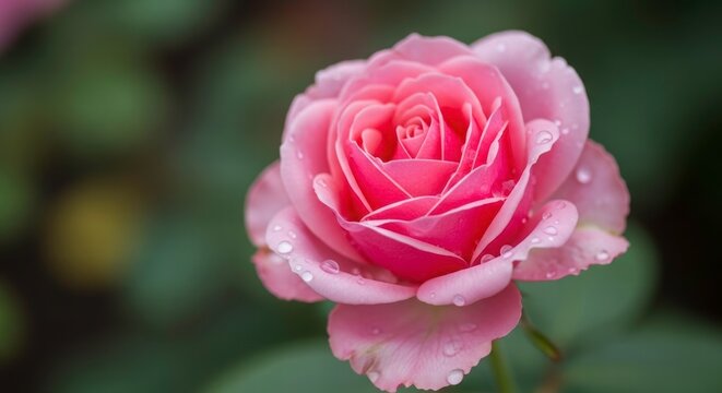 Pink Rose: A close-up shot of a delicate pink rose in full bloom, adorned with glistening water droplets, set against a blurred background of green foliage. - Powered by Adobe