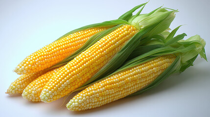Fresh Yellow Corn Ears with Green Husks on Bright Background